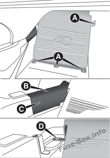 The location of the fuses in the passenger compartment: Alfa Romeo 4C (2013, 2014, 2015, 2016)