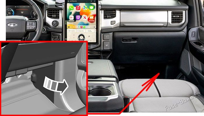 Location of the fuses in the passenger compartment: Ford F-150 Lightning (2022, 2023)