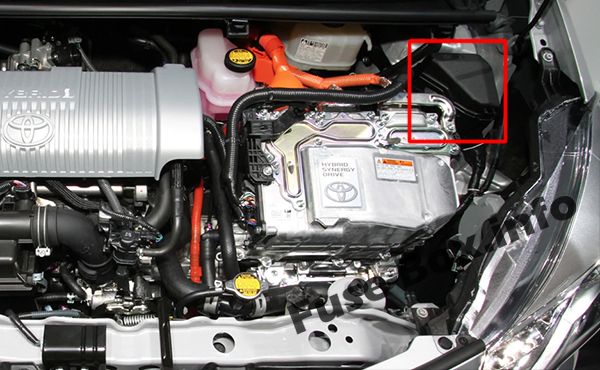 The location of the fuses in the engine compartment: Toyota Yaris Hybrid / Echo Hybrid (2012-2017)