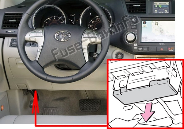 The location of the fuses in the passenger compartment: Toyota Highlander (XU40; 2008-2013)