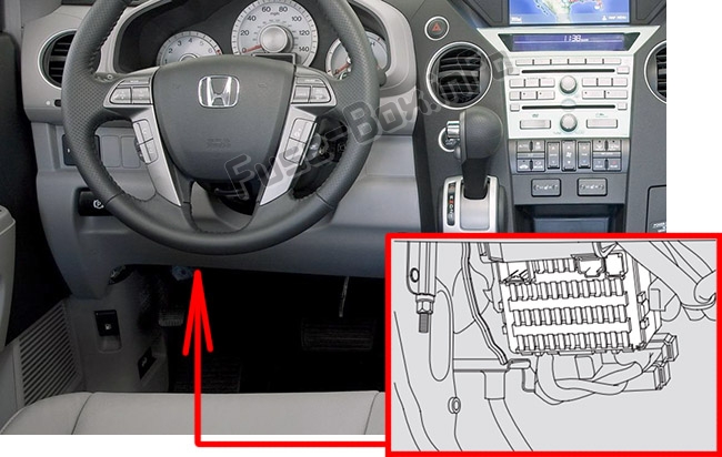 The location of the fuses in the passenger compartment: Honda Pilot (2009-2015)