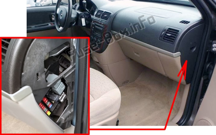 The location of the fuses in the passenger compartment: Chevrolet Uplander (2005-2008)