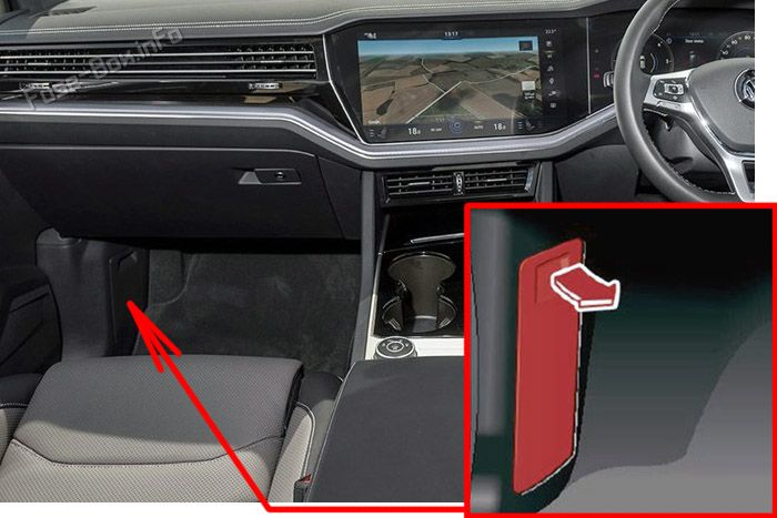 Location of the fuses in the footwell (RHD): Volkswagen Touareg (2018-2021)