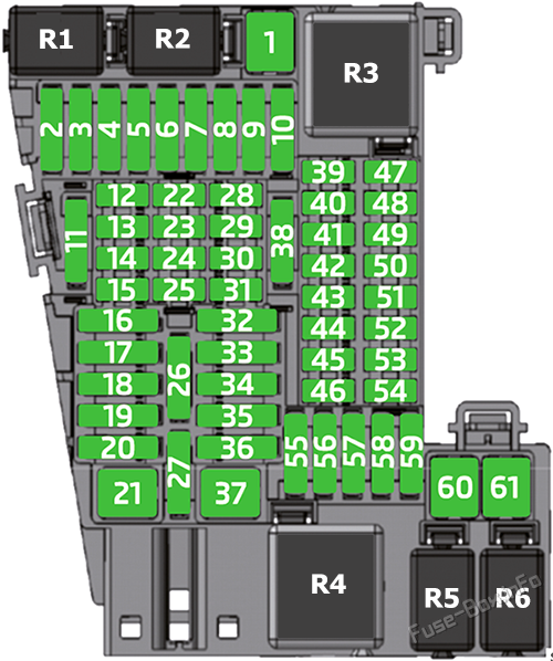 Instrument panel fuse box diagram: Volkswagen Transporter (T6.1; 2019, 2020, 2021)