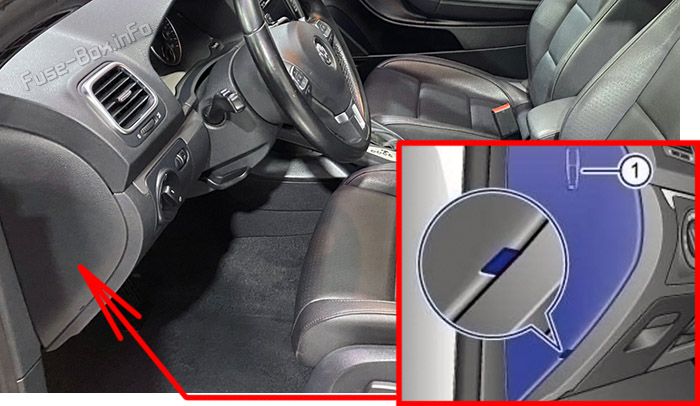 Location of the fuses in the passenger compartment: Volkswagen Eos (2006-2011)