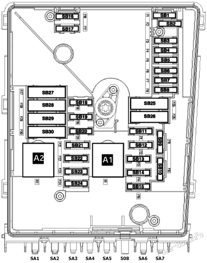 Under-hood fuse box diagram (ver.1): Volkswagen Eos (2006, 2007, 2008, 2009, 2010, 2011)