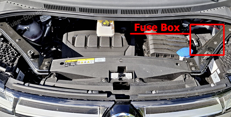 Location of the fuses in the engine compartment: Volkswagen Multivan (T7; 2022-2024)