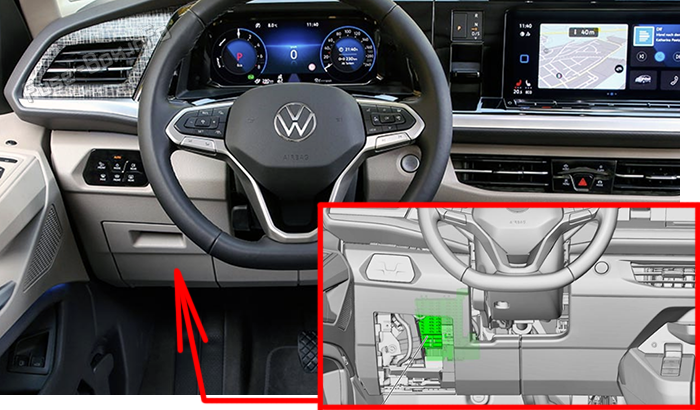 Location of the fuses in the passenger compartment (LHD): Volkswagen Multivan (T7; 2022-2024)