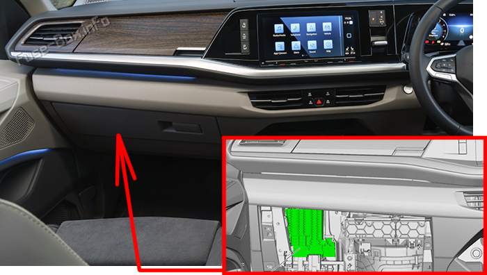 Location of the fuses in the passenger compartment (RHD): Volkswagen Multivan (T7; 2022-2024)