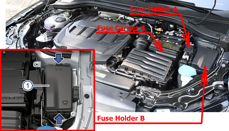 Location of the fuses in the engine compartment: Volkswagen Passat B9 (2024-2025)