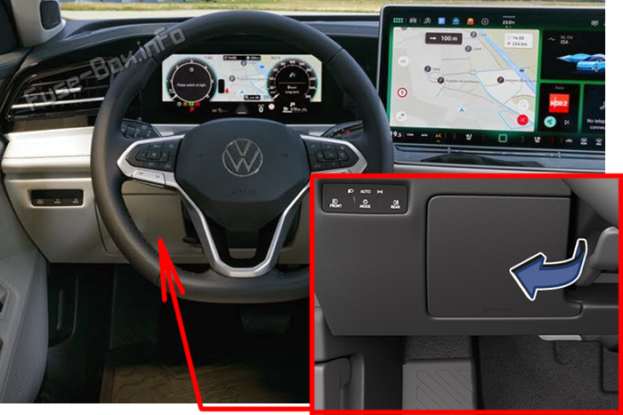 Location of the fuses in the passenger compartment (LHD): Volkswagen Passat B9 (2024-2025)