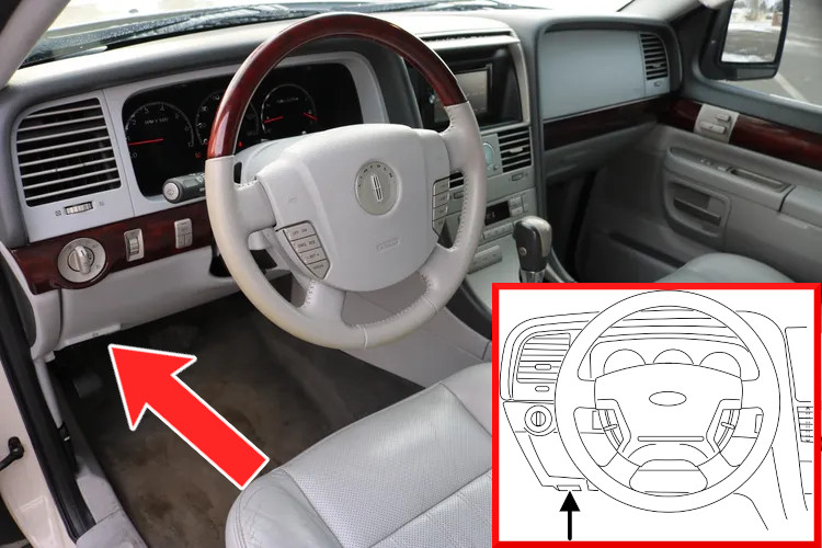 Location of the passenger compartment fuse panel beneath the instrument panel, left of the steering column